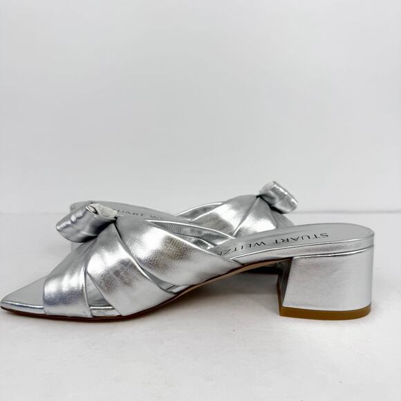 Stuart Women’s Sofia 45 Slide High Heels Size 6 Silver Leather Bow NIB - Picture 9 of 14